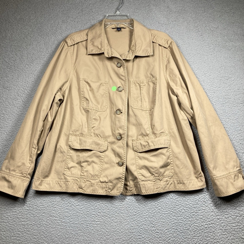 Lands' End Jacket Women's 1X Beige Button Up Military Style Utility Field Jacket